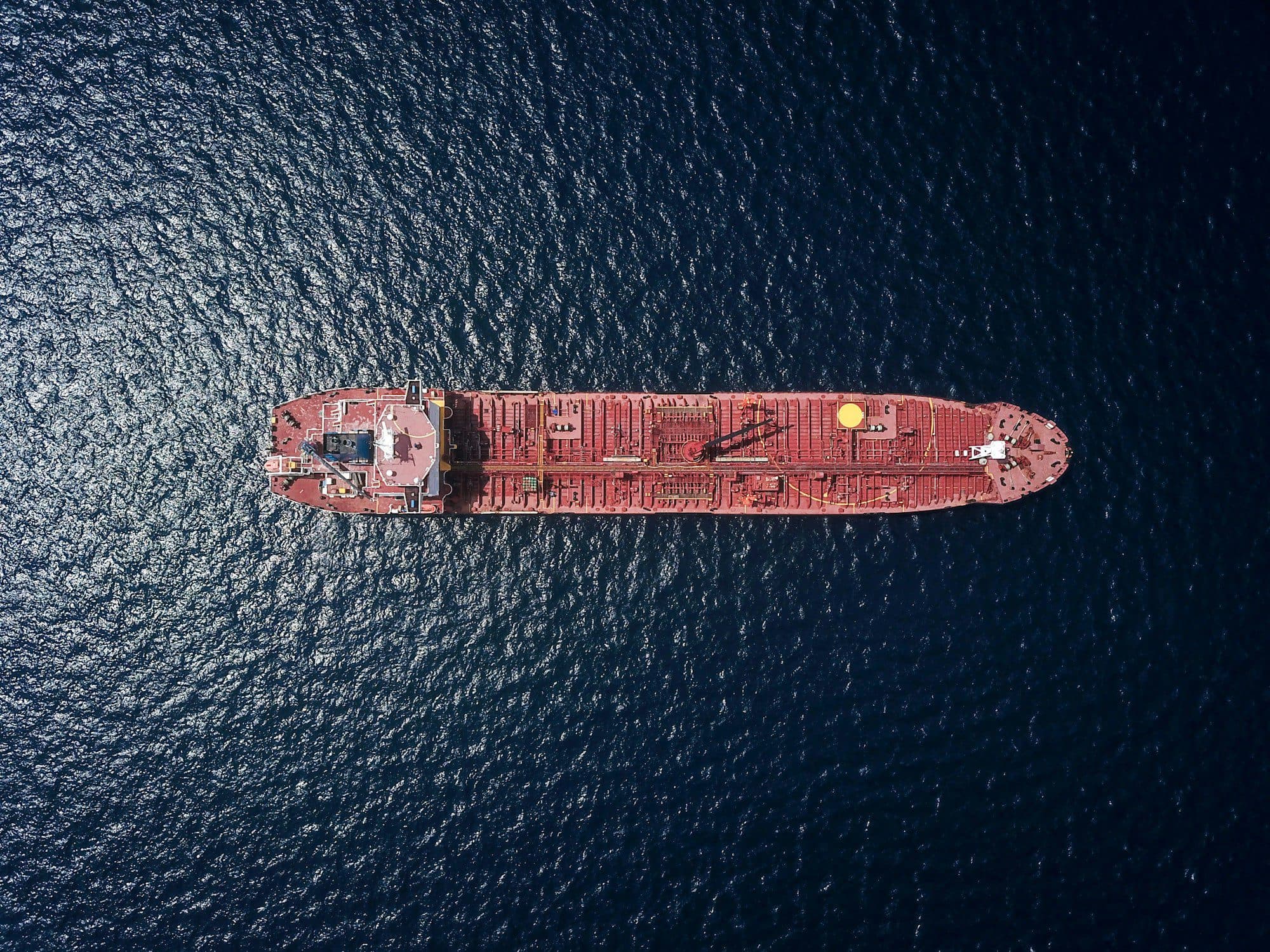 Aerial view of a tanker ship on the deep sea